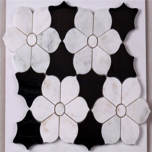 HSC62 Kaunis mustavalkoinen laattainen kylpyhuone, jossa on kukka-marmorinen mosaiikkilattia ja seinälaatat