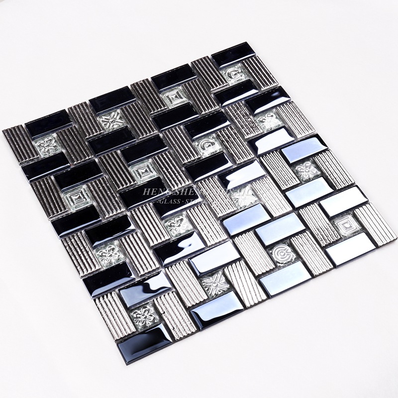 HDT01 12x12 neliökuvio galvanointi kiiltävä musta ja raita irisoiva lasi mosaiikki seinäkoristelaatat